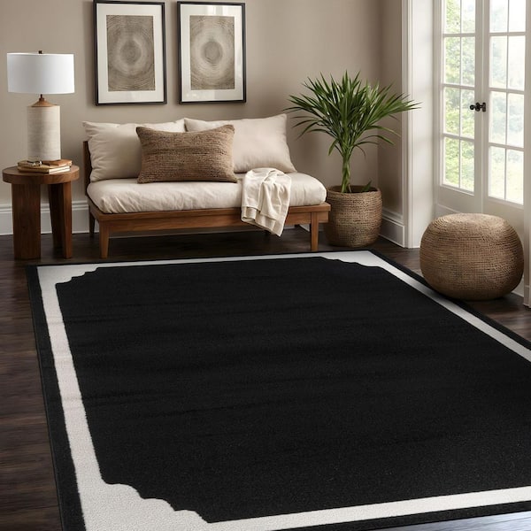 Hera Black 8 ft. x 10 ft. Rubber Back Washable Corner Bordered Indoor Outdoor Patio Area Rug