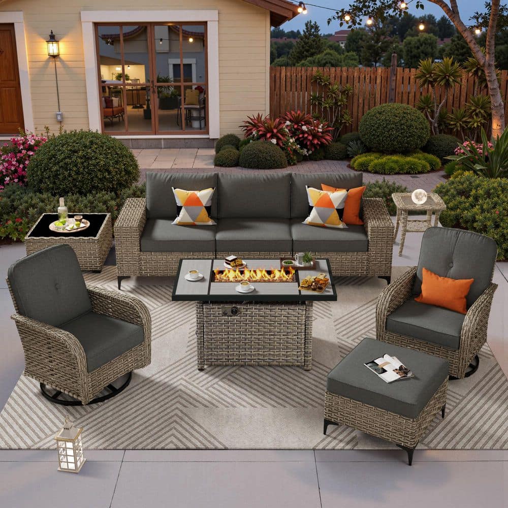 Epiphany 9 Pieces Wicker Outdoor Patio 42 in. Rectangular Fire Pit Set and Swivel Rocking Chairs with Black Cushions price history on PriceWatchPro