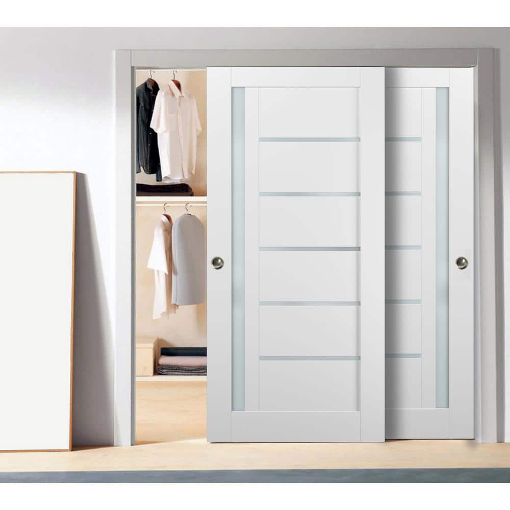 Quadro 4088 White Silk Bypass Doors with Frosted Glass Panels