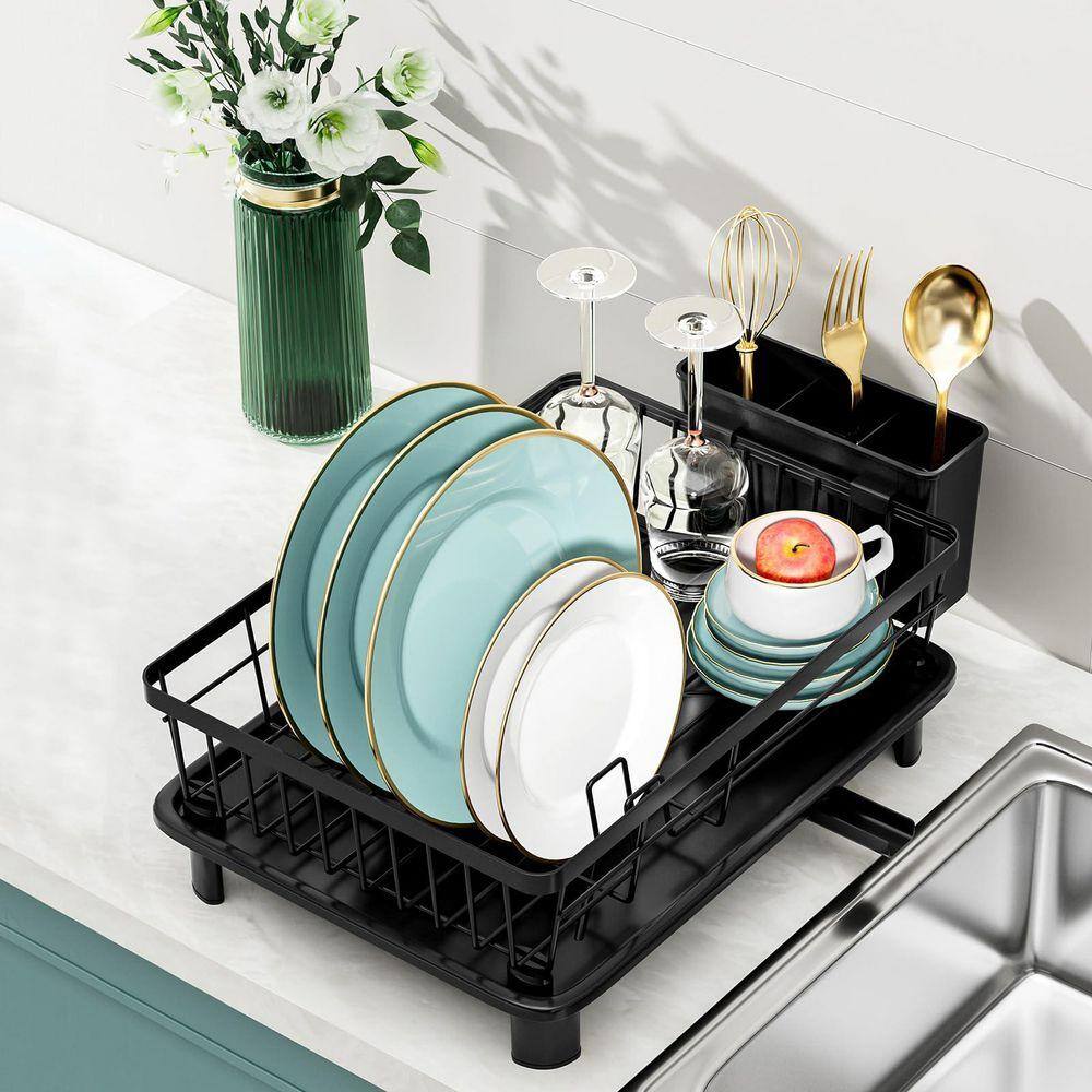 Lynzavix Black Stainless Steel Dish Rack with Cutlery Holder