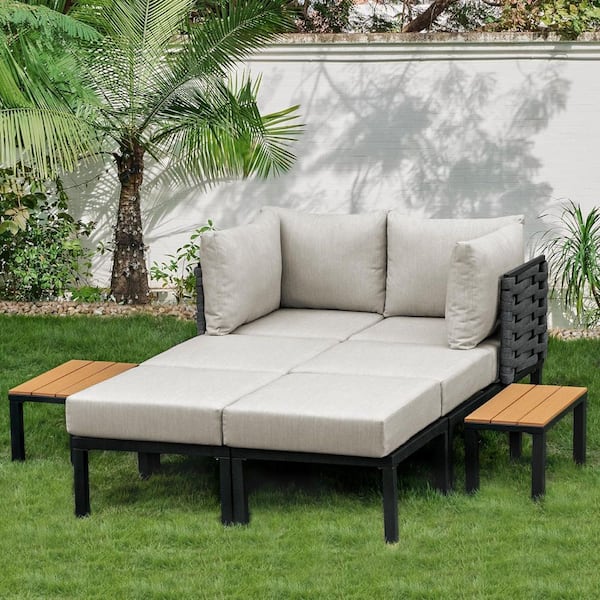 INNUMIA 8-Piece Black Metal Outdoor Patio Day Bed with 6 in. Thick Gray Cushions and Detachable Table, Convertible Lounge Bed