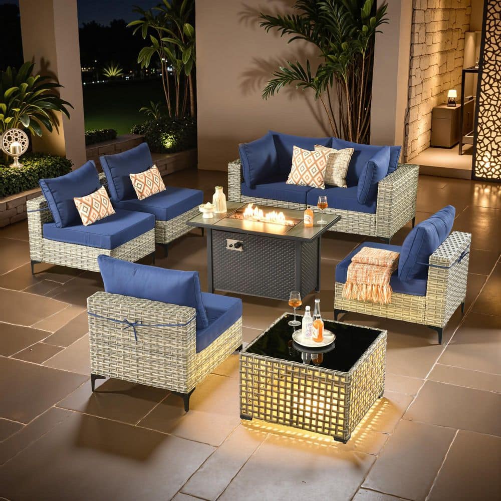 Coralia Gray 8-Piece Wicker Patio Conversation Sets With Fire Pit Table, Navy Blue Cushion and Lighted Coffee Table