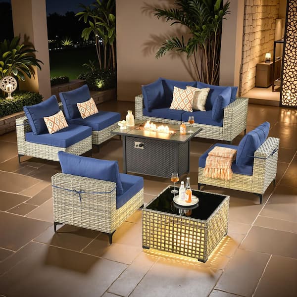 Coralia Gray 8-Piece Wicker Patio Conversation Sets With Fire Pit Table, Navy Blue Cushion and Lighted Coffee Table