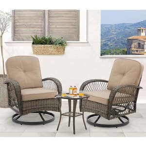 3-Piece Wicker Outdoor Bistro Set with Brown Cushions, 360-Degree Swivel Patio Rocking Chairs