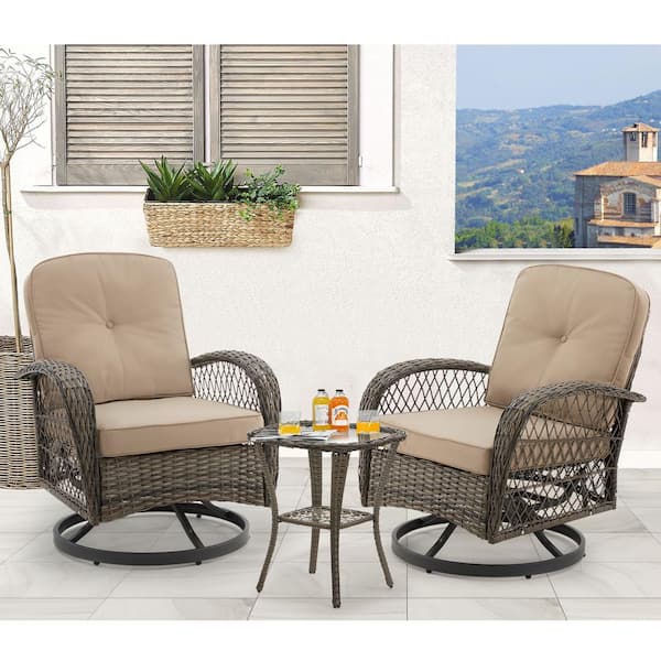 EROMMY 3-Piece Wicker Outdoor Bistro Set with Brown Cushions, 360-Degree Swivel Patio Rocking Chairs