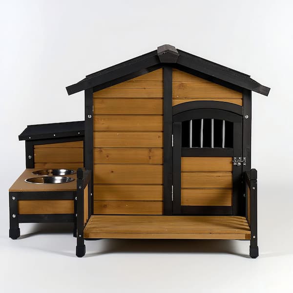 Large Wooden Dog House with Storage Box and Feeding Station, Porch, and Lockable Door for Small to Medium Dogs