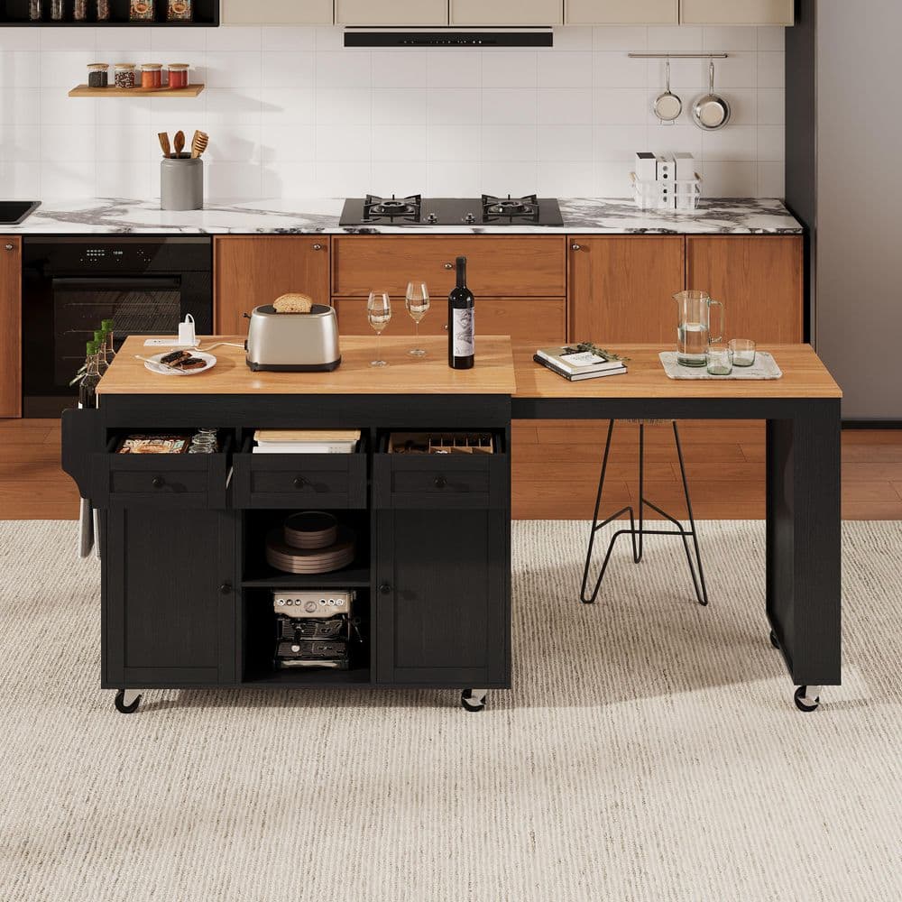 Black Wood 85.5 in. W Kitchen Island, Kitchen Cart with 3 Side Open Shelves, Power Outlet, 3 Drawers, 2 Doors price history on PriceWatchPro