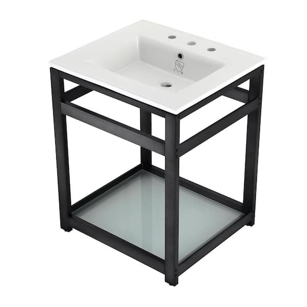 Kingston Brass 25 in. Ceramic Console Sink (8 in. in 3-Hole) with Stainless Steel Base in Matte Black