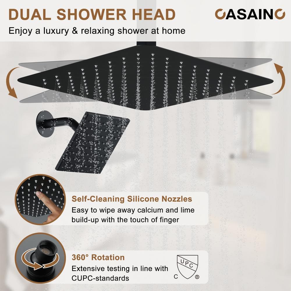 Matte Black 16" Thermostatic Dual Shower System with Handheld and Body Jets