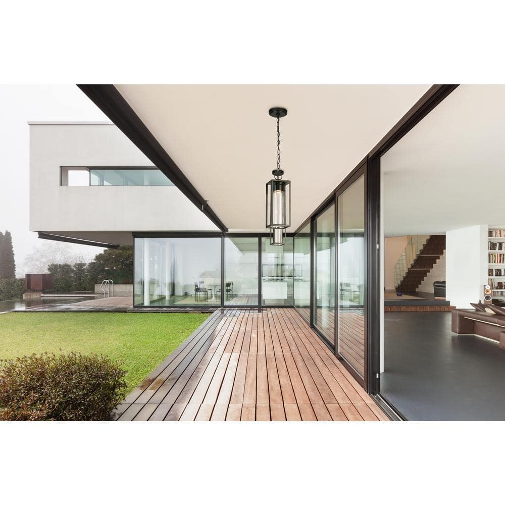 Matte Black Mini LED Outdoor Pendant with Clear Seedy Glass