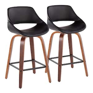 Fabrico 38 in. Black Faux Leather and Walnut Wood High Back Counter H Bar Stool with Square Black Footrest (Set of 2)
