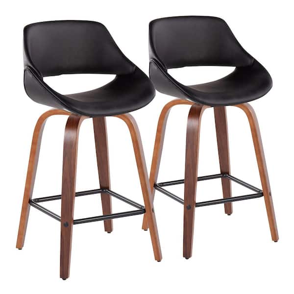 Lumisource Fabrico 38 in. Black Faux Leather and Walnut Wood High Back Counter H Bar Stool with Square Black Footrest (Set of 2)