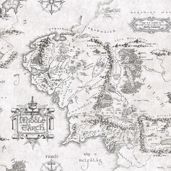Warner Bros' Black and White Lord of the Rings Middle Earth Map Peel and Stick Wallpaper