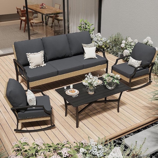 AECOJOY 4 Piece Outdoor Patio Rattan Furniture Set with Rocking Chair and Coffee Table, Grey