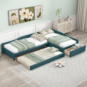 Green Upholstered Double Twin Size Daybed with Trundle and Drawer