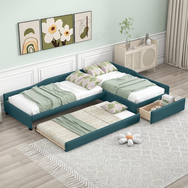 Harper & Bright Designs Green Upholstered Double Twin Size Daybed with Trundle and Drawer