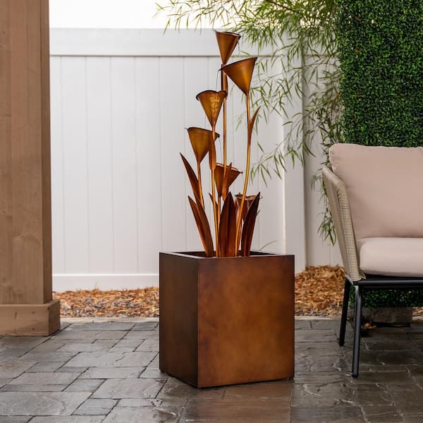 XBRAND Metal Sculptural Multi-Tiered Flower Water Fountain, Bronze
