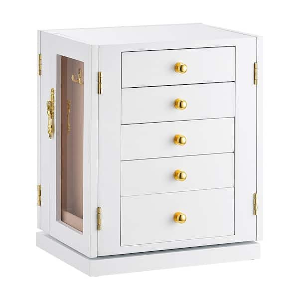Jewelry Box, 360° Rotating Jewelry Organizer with 5 Drawers, Spacious Storage Case with Soft Velvet Lining, White