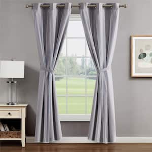 Augusta Light Grey 38 in. W x 96 in. L Grommet Blackout Tiebacks Curtain with Sheer Overlay (2-Panels and 2-Tiebacks)