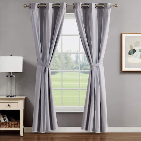 CREATIVE HOME IDEAS Augusta Light Grey 38 in. W x 96 in. L Grommet Blackout Tiebacks Curtain with Sheer Overlay (2-Panels and 2-Tiebacks)
