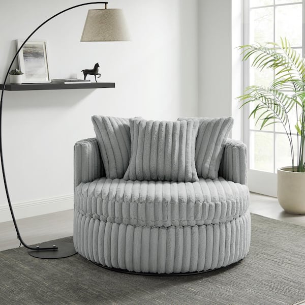 Meryl Ultra Plush Wide Cord-like Polyester Fabric Oversized Swivel Barrel Chair in Gray