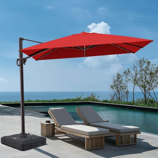 11 ft. x 9 ft. Windproof Aluminum Rectangular Tilt 360° Rotation Cantilever Patio Umbrella in Red with 350 lbs. Base