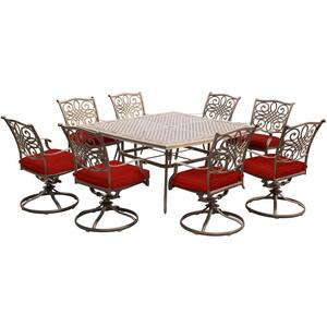 Traditions 9-Piece Aluminum Outdoor Dining Set with Swivel Rockers with Red Cushions