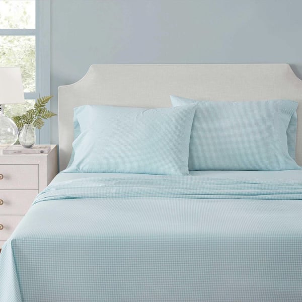 MS Small Gingham 4-Piece White/Winter Blue Cotton Percale King Sheet Set