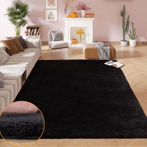 GHDG Solid Shag Black 5 ft. x 7 ft. Plush Soft Area Rug