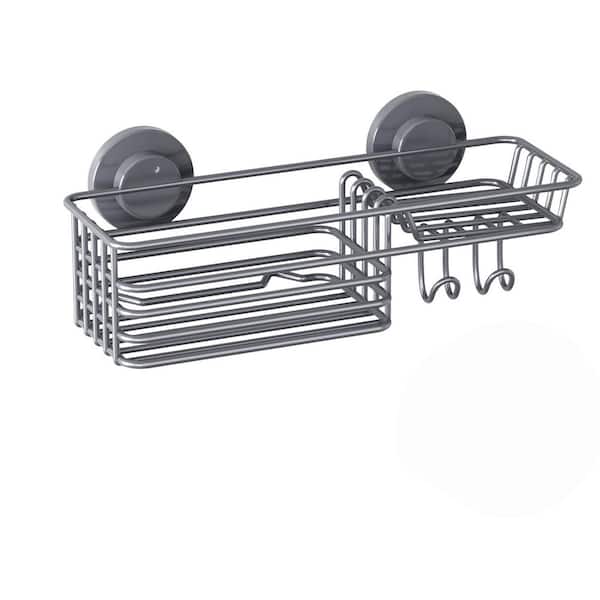 Suction Cup No-Drilling Shower Caddy with Soap Holder and Hooks in Gray for Bathroom Toiletries and Shower Storage