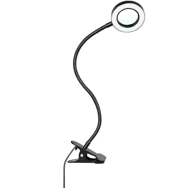 20.47 in. Black Metal LED Magnifying Clip-On Desk Lamp, 5X Glass Lens, 10 Dimming Levels, 3 Color Modes, Plastic Shade