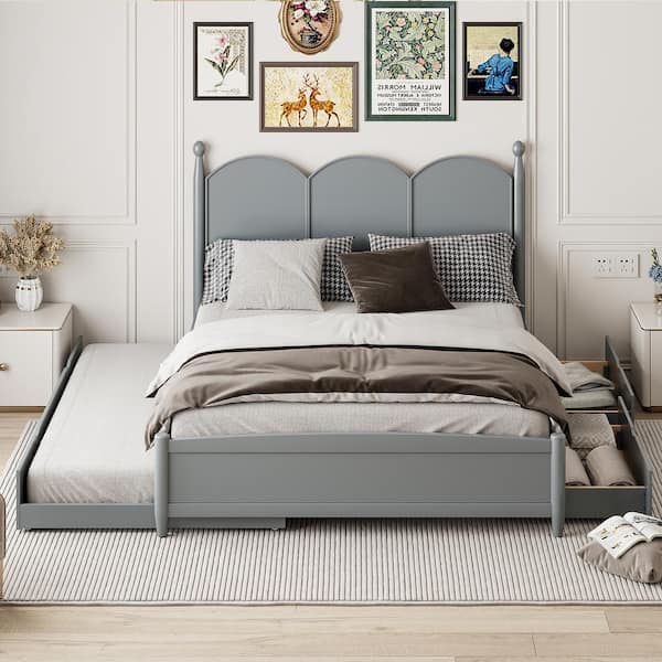 Harper & Bright Designs Classic Rustic Design Gray Wood Frame Queen Size Platform Bed with Twin XL Size Trundle and 2-Drawers