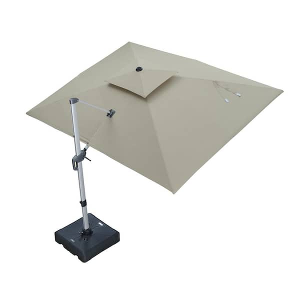 9 ft. x 12 ft. Sunbrella Aluminum 360° Rotation Silvery Cantilever Outdoor Patio Umbrella with Base in Deep Beige