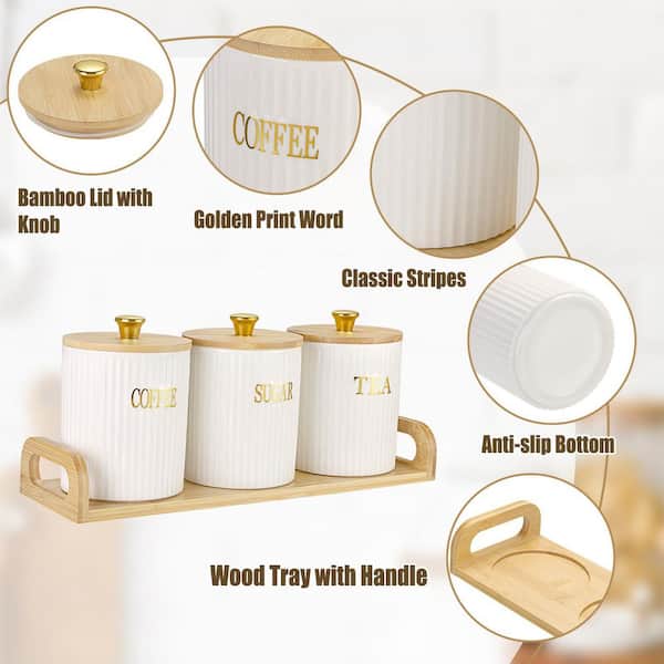 KHKFY 10 fl. Oz. White 3-Piece Ceramic Canister Set with Bamboo
