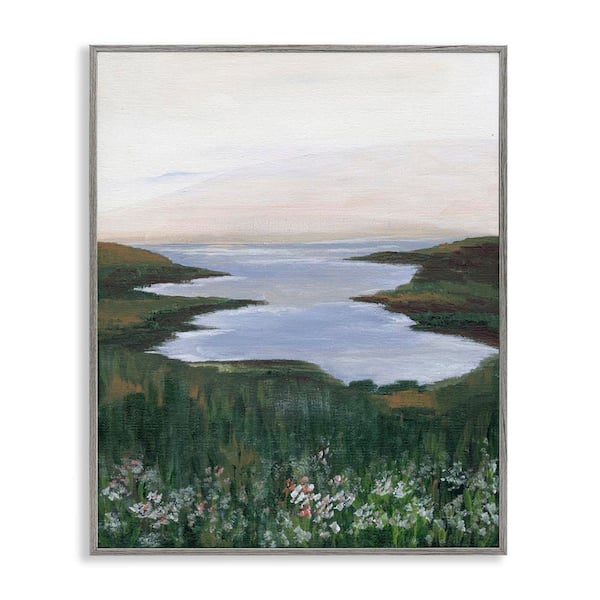 Stupell Industries Peaceful Greenery by Lake by Nikita Jariwala Gray Framed Nature Giclee Art Print 14 in. x 11 in.