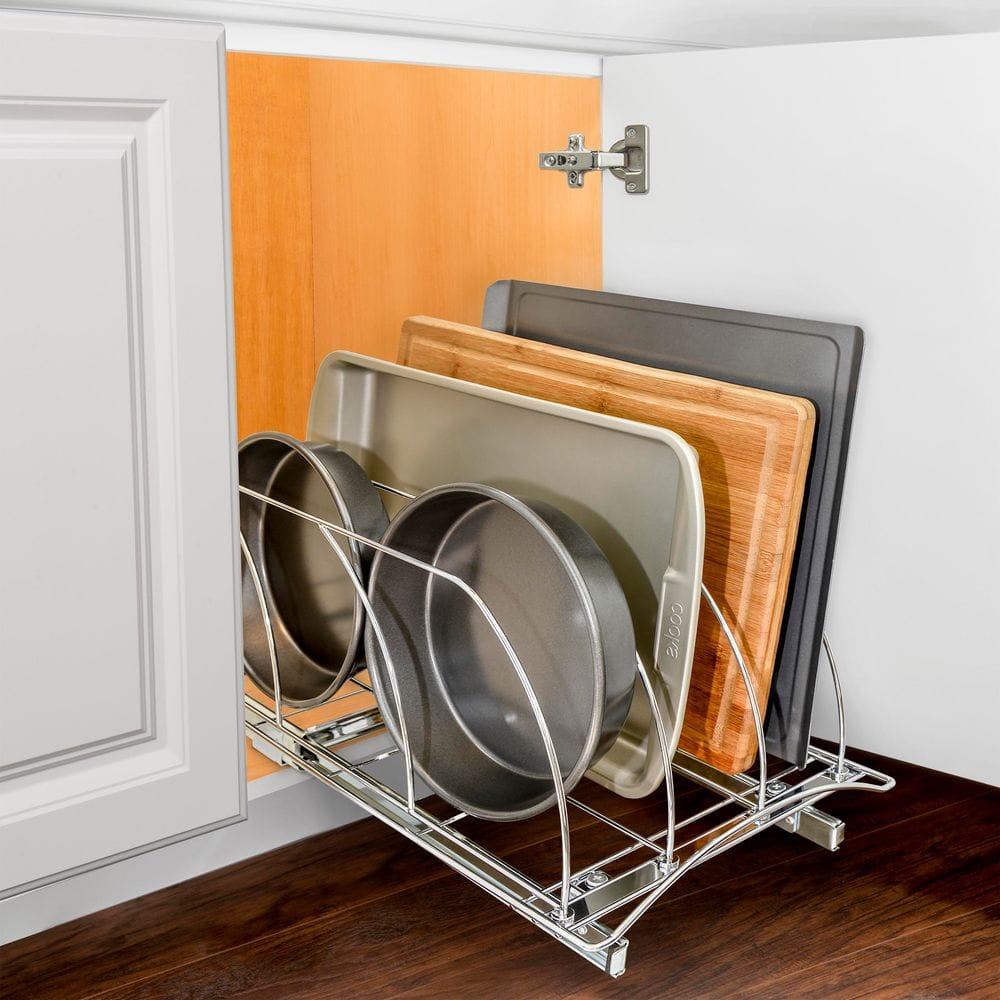 Chrome Slide Out Cutting Board and Bakeware Organizer Rack