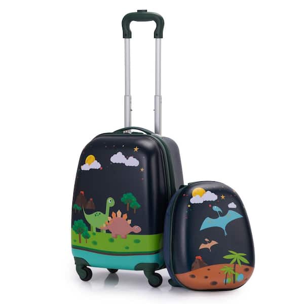 VLIVE 18 in. 2-Pieces Dark Green Dinosaur Hardshell Carry On Luggage Set for Kids