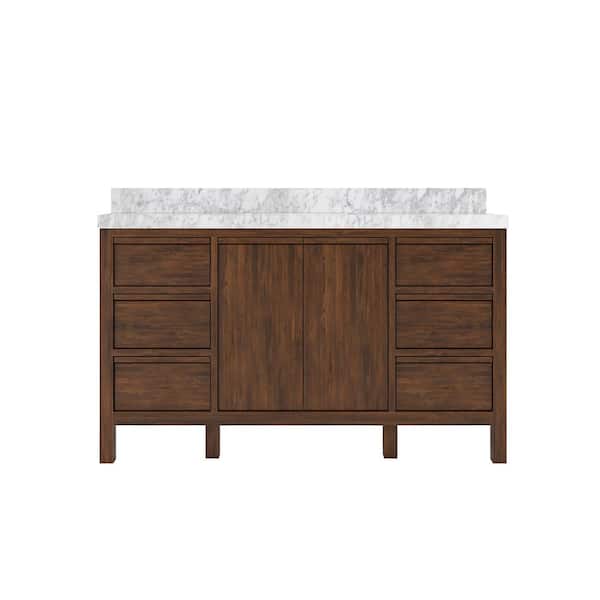 Willow Collections Elizabeth Teak 60 in. W x 22 in. D x 36 in. H Single Sink Bath Vanity in Dark Walnut with 2 in. Carrara Marble Top