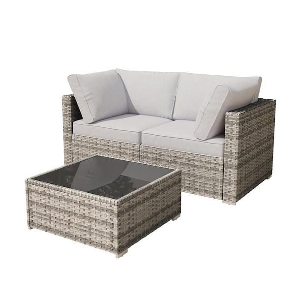 Nestle 3 Pieces Wicker Outdoor Patio Conversation Corner Sofa Set with Gray Cushions and Coffee Table