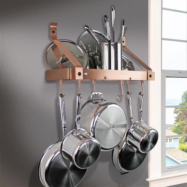 Handcrafted 24 in. Gourmet Bookshelf Wall Rack with 12-Hooks Brushed Copper