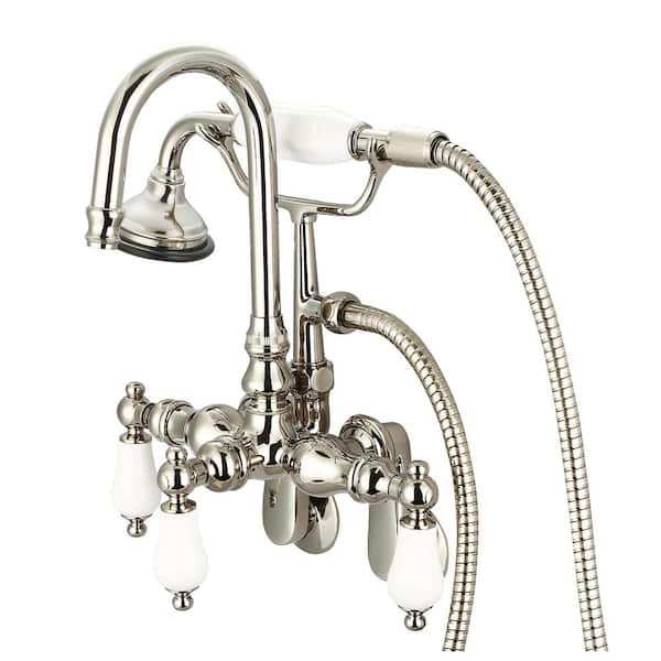Water Creation 3-Handle Vintage Claw Foot Tub Faucet with Hand Shower and Porcelain Lever Handles in Polished Nickel PVD