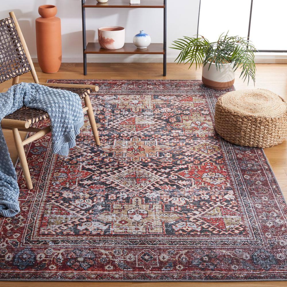 Navy and Rust Square Machine Washable Oriental Rug, 4' x 4'