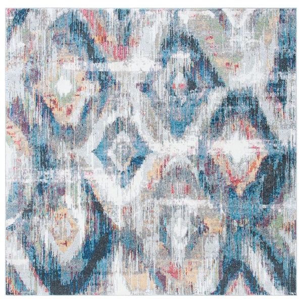Phoenix 7 ft. x 7 ft. Ivory/Blue Distressed Diamond Square Area Rug