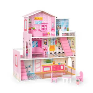 Pink Wooden Dollhouse with Furniture