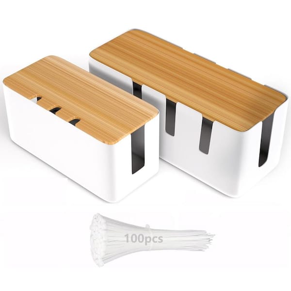 Yichuhaoxi 2 Pack Cable Management Organizer Box Set with Wooden Lids and 100 Cable Ties for Desk TV Computer Wires in White