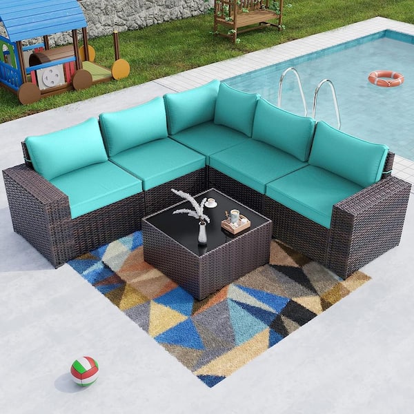 Halmuz 6-Piece Wicker Outdoor Sectional Set with Blue Cushion