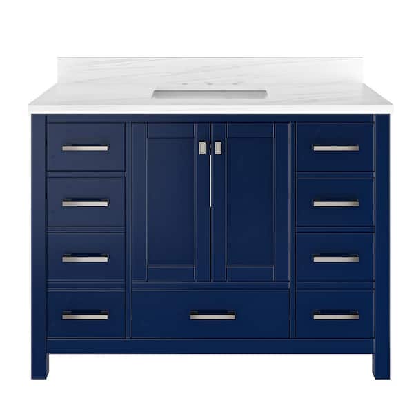 VANITYFUS Solid Wood 48 in. W x 22 in. D x 39.3 in. H Single Sink Bath Vanity in Navy Blue with Carrara White Natural Marble Top