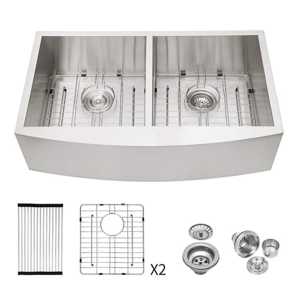 33 in. Farmhouse Double Bowl (50/50) 18 Gauge Brushed Nickel Stainless Steel Kitchen Sink with Bottom Grids