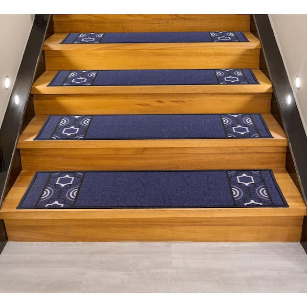 RugStylesOnline Trellis Border Custom Size Stair Treads Navy 7.5 in. x 32 in. Indoor Carpet Stair Tread Cover Slip Resistant (Set of 3)
