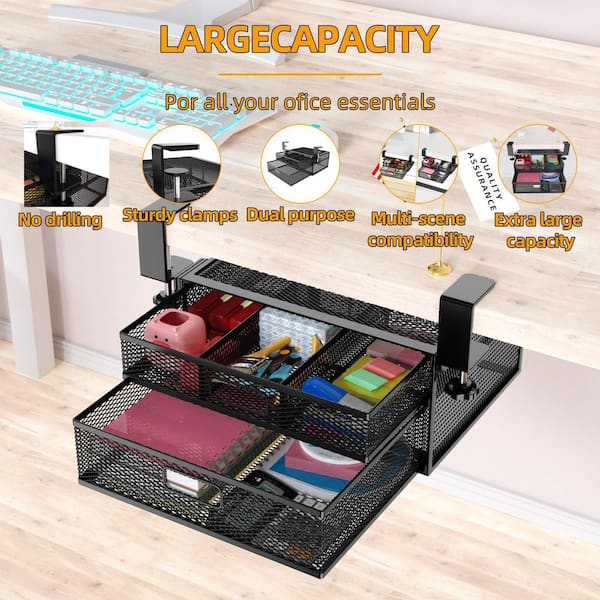 Black 13 in. x 5 in. Metal Under Desk Drawer Organizer with 2